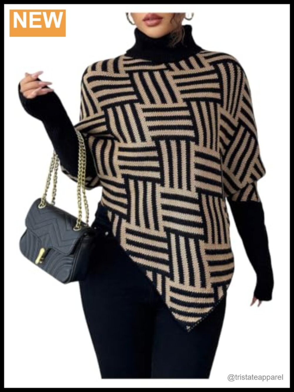 Geometric Print Turtleneck Poncho Sweater Long Sleeve Asymmetrical Hem Knit